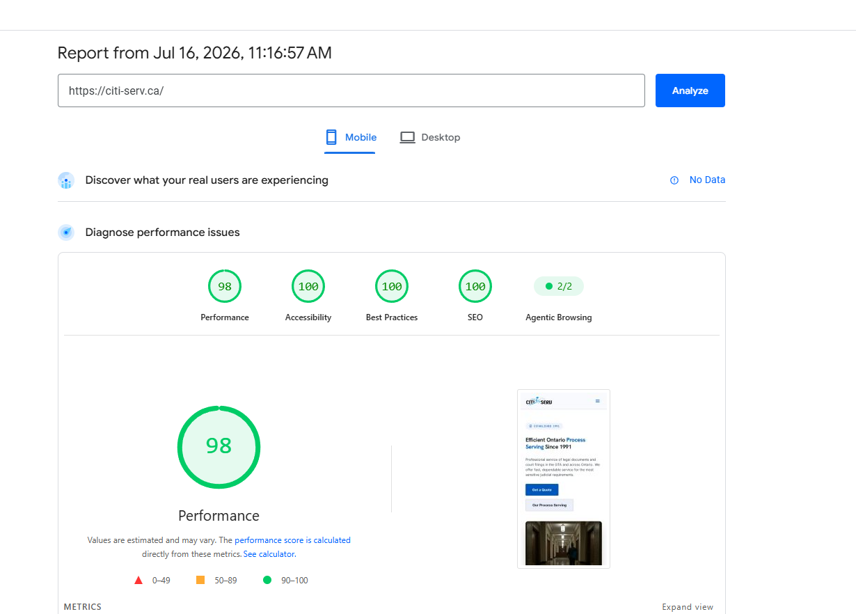 Citi-Serv Google PageSpeed scores after redesign: Performance 98, Accessibility 100, Best Practices 100, SEO 100