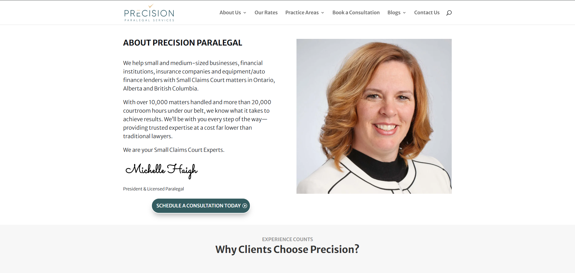 Precision Paralegal website before the rebuild