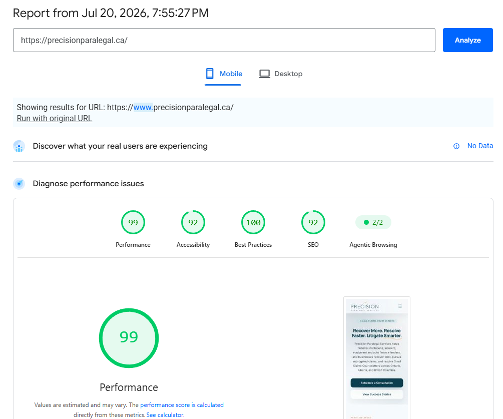 Precision Paralegal Google PageSpeed scores after the rebuild: Performance 99, Accessibility 92, Best Practices 100, SEO 92