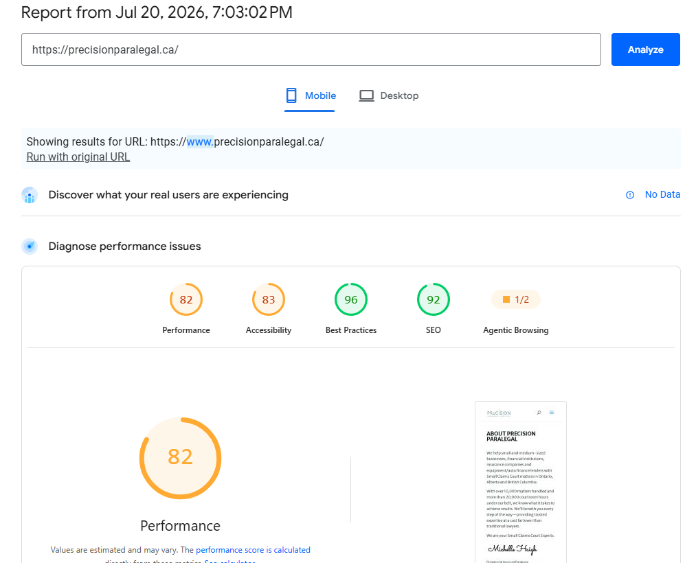Precision Paralegal Google PageSpeed scores before the rebuild: Performance 82